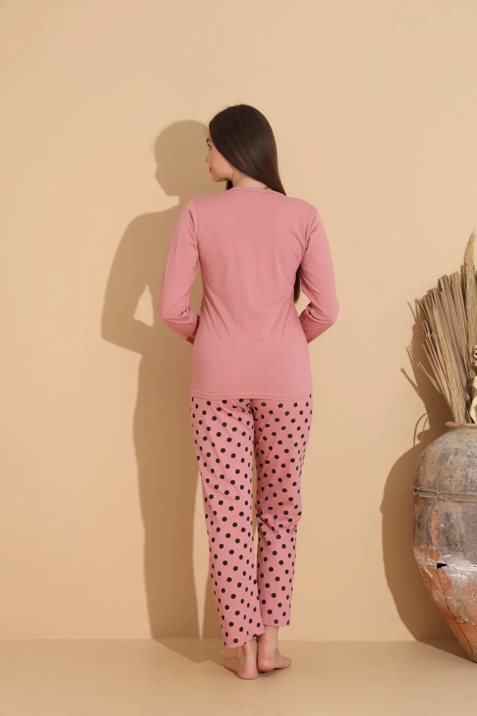 Pijama damă roz cu imprimeu „HELLO” cu pantaloni lungi cu buline – 100% bumbac - 5