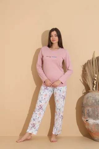 Pijama damă roz pal, bluză „You Tight Forever” și pantaloni cu imprimeu floral – 100% bumbac hover