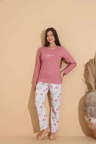 Pijama damă roz prăfuit, bluză „Flowers” și pantaloni cu imprimeu floral – 100% bumbac hover