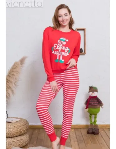 Pijama damă, mânecă lungă, pantalon lung, imprimeu Stop Elfing Around, rosu