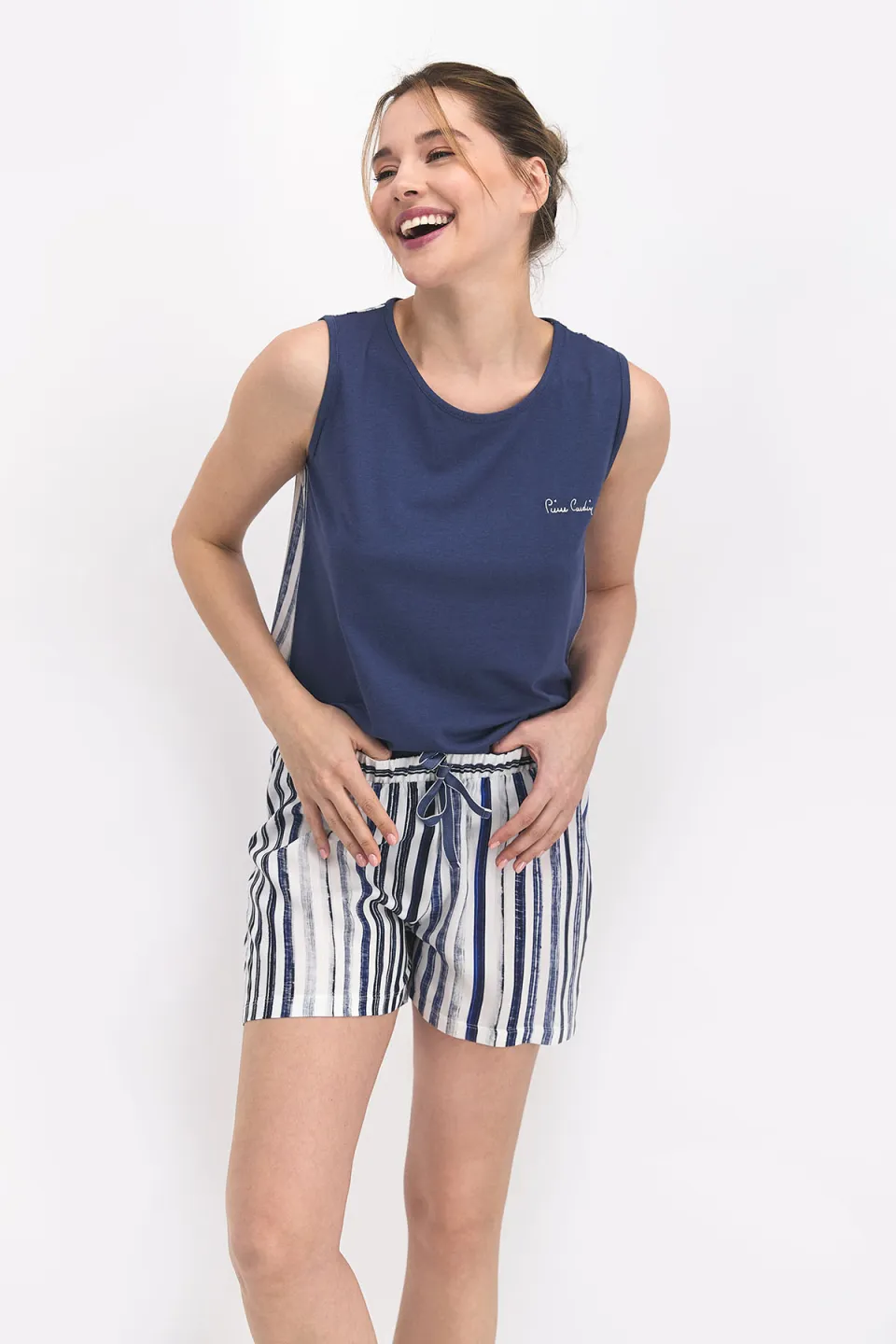 Pijama dama tricou fara maneci si pantaloni scurti cu elastic si cordon, bleumarin - 3