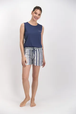 Pijama dama tricou fara maneci si pantaloni scurti cu elastic si cordon, bleumarin hover