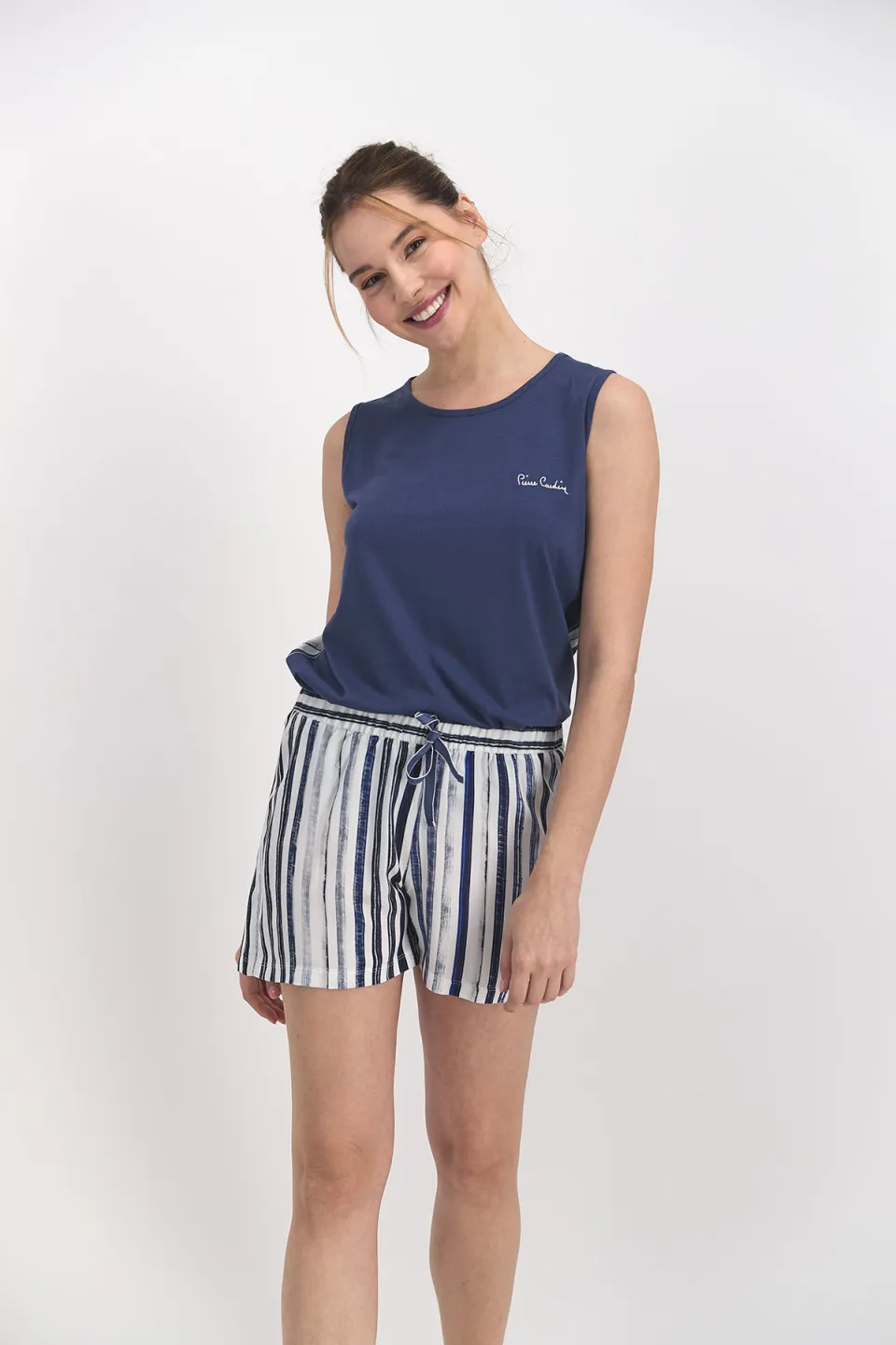 Pijama dama tricou fara maneci si pantaloni scurti cu elastic si cordon, bleumarin - 1