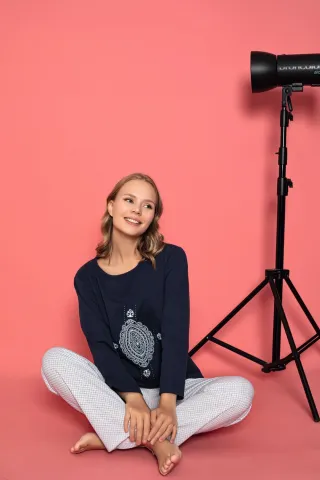 Pijama damă vătuită cu mânecă lungă și pantaloni lungi din bumbac hover