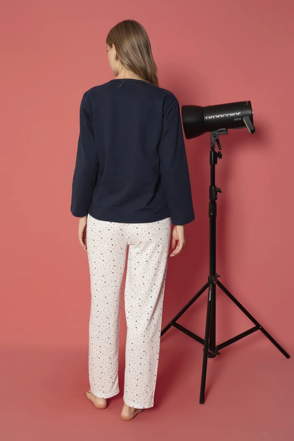 Pijama damă vătuită cu mânecă lungă și pantaloni lungi din bumbac, imprimeu cu stea - 3