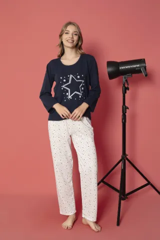 Pijama damă vătuită cu mânecă lungă și pantaloni lungi din bumbac, imprimeu cu stea