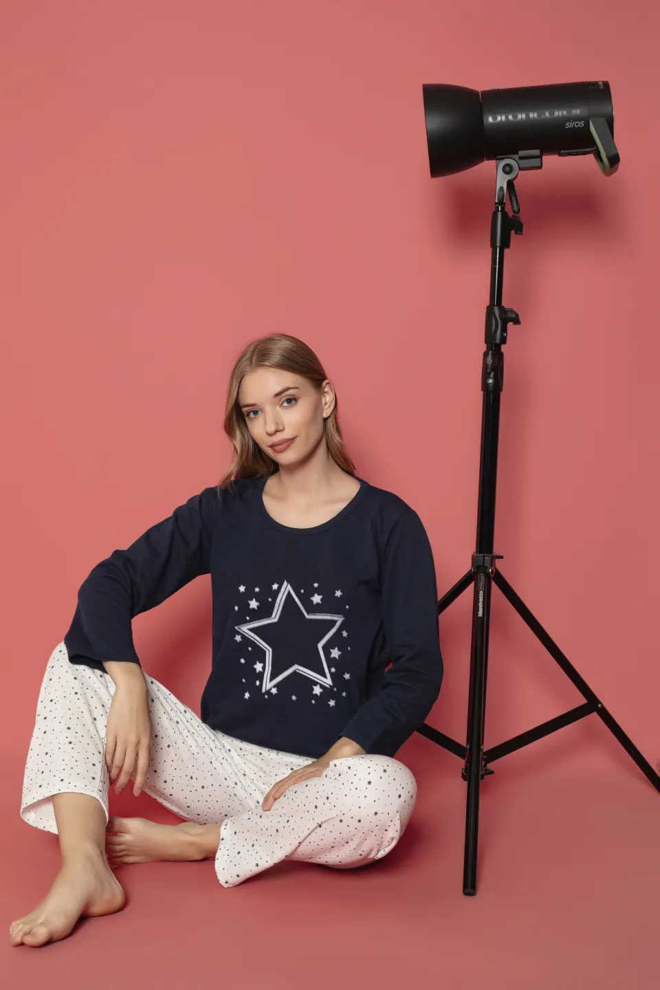 Pijama damă vătuită cu mânecă lungă și pantaloni lungi din bumbac, imprimeu cu stea - 2