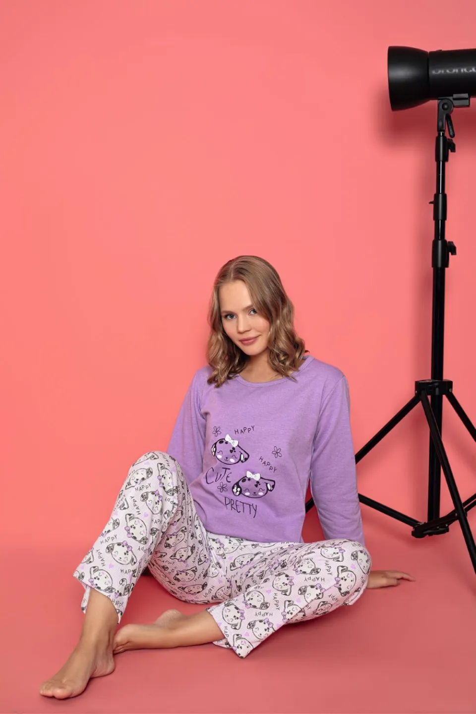Pijama damă vătuită cu mânecă lungă și pantaloni lungi din bumbac, imprimeu Cute, Pretty - 2