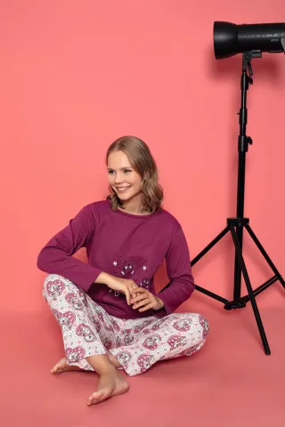 Pijama damă vătuită cu mânecă lungă și pantaloni lungi din bumbac, imprimeu Teddy hover