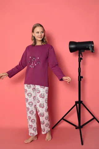 Pijama damă vătuită cu mânecă lungă și pantaloni lungi din bumbac, imprimeu Teddy
