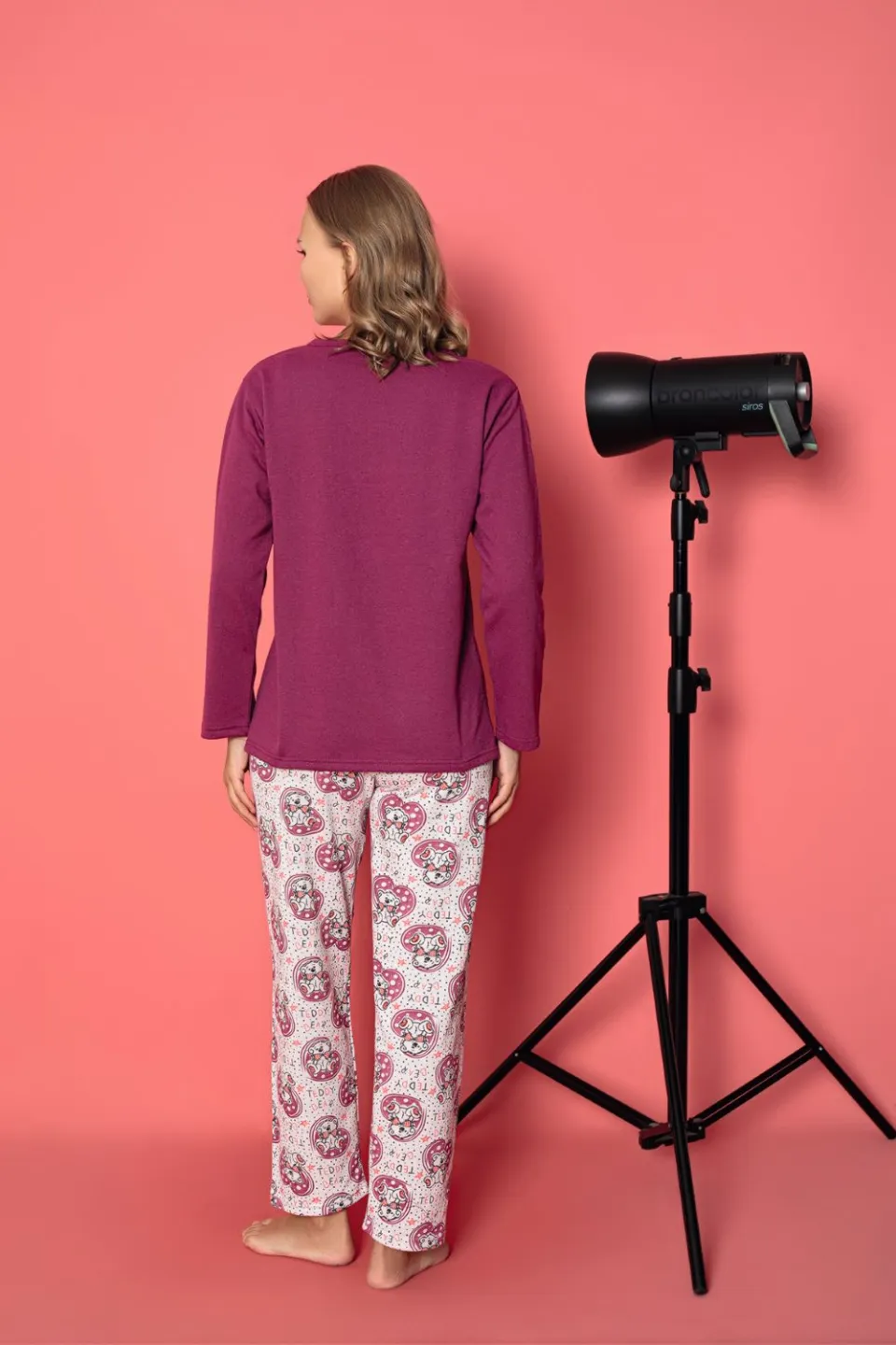 Pijama damă vătuită cu mânecă lungă și pantaloni lungi din bumbac, imprimeu Teddy - 3