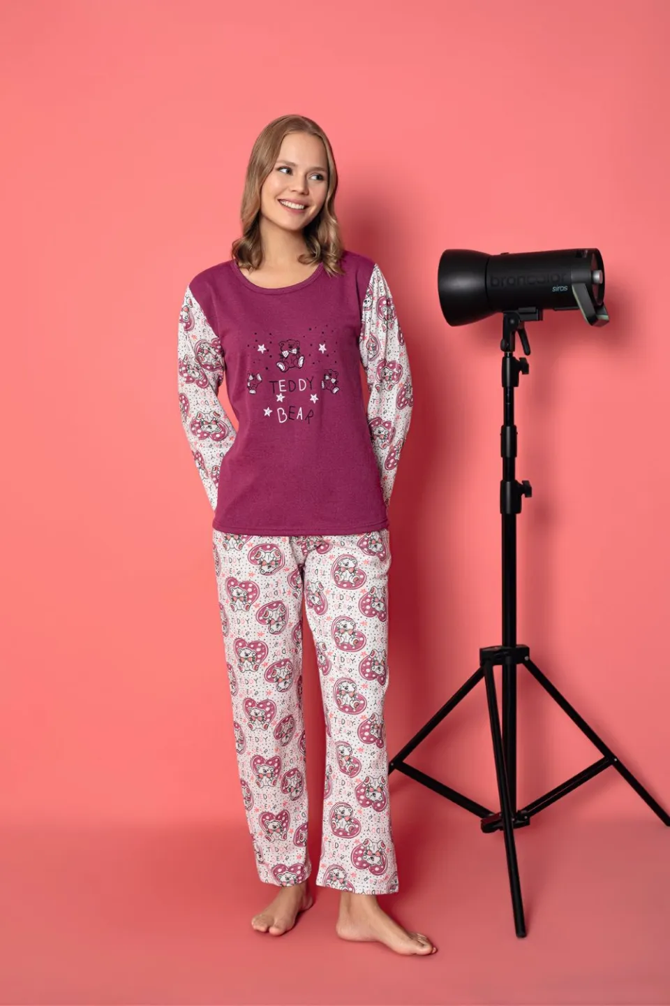 Pijama damă vătuită, mânecă lungă cu ursuleți și pantaloni lungi din bumbac, imprimeu Teddy - 1