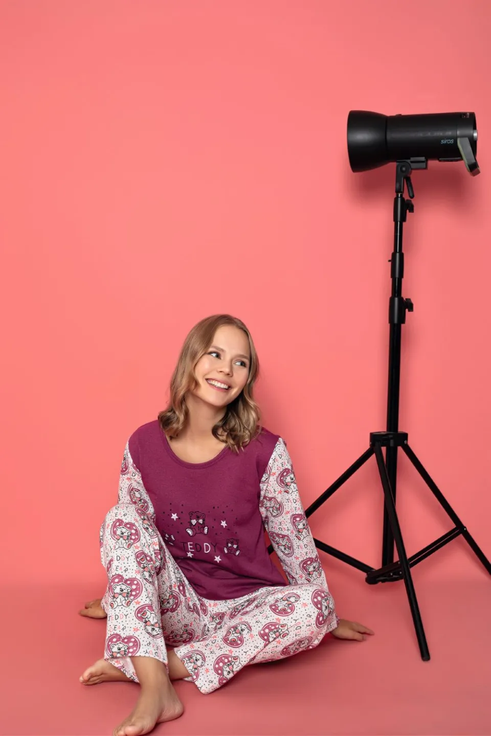 Pijama damă vătuită, mânecă lungă cu ursuleți și pantaloni lungi din bumbac, imprimeu Teddy - 3