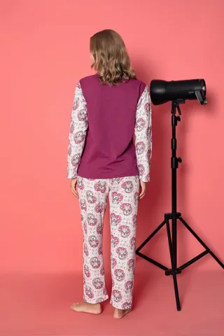 Pijama damă vătuită, mânecă lungă cu ursuleți și pantaloni lungi din bumbac, imprimeu Teddy hover