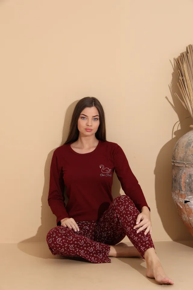 Pijama damă visiniu, bluză „Our Family” și pantaloni cu imprimeu flamingo – 100% bumbac