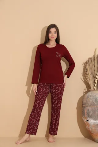 Pijama damă visiniu, bluză „Our Family” și pantaloni cu imprimeu flamingo – 100% bumbac hover