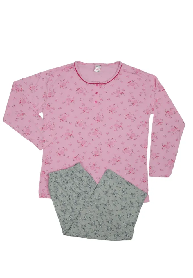Pijamă de damă din bumbac 100%, mânecă lungă și pantaloni 3/4,
