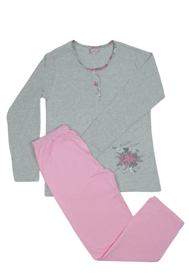 Pijamă de damă din bumbac 100%, mânecă lungă și pantaloni lungi,