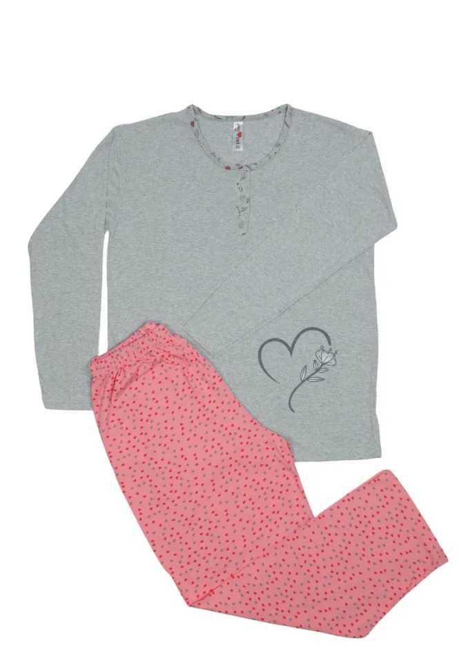 Pijamă de damă din bumbac 100%, mânecă lungă și pantaloni lungi,