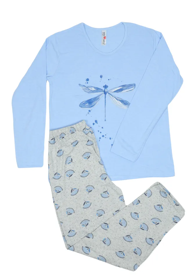 Pijamă de damă din bumbac 100%, mânecă lungă și pantaloni lungi,