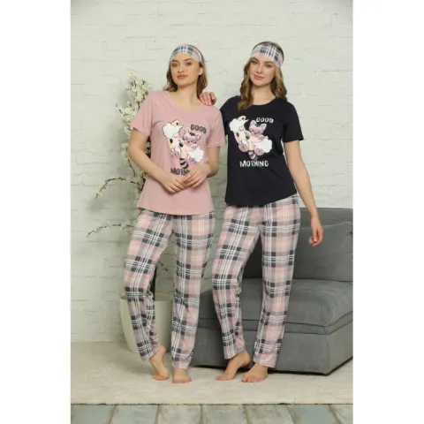 Pijama de Primăvară pentru Dama cu Masca de Dormit, Maneca Scurta si Pantaloni Lungi, Imprimeu Good Morning, Bluemarin hover