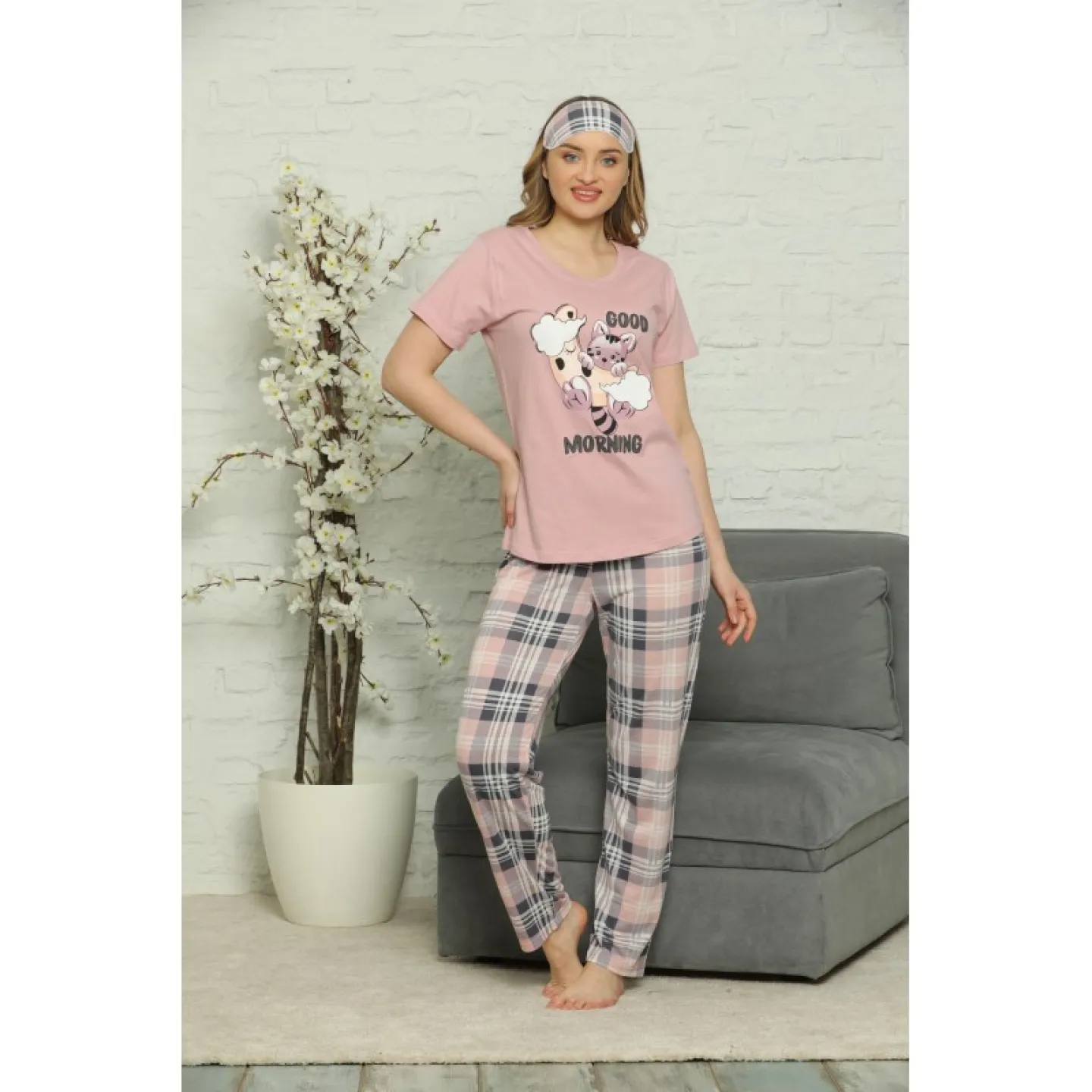 Pijama de Primăvară pentru Dama cu Masca de Dormit, maneca scurta, pantaloni lungi, Imprimeu Good Morning, roz - 1