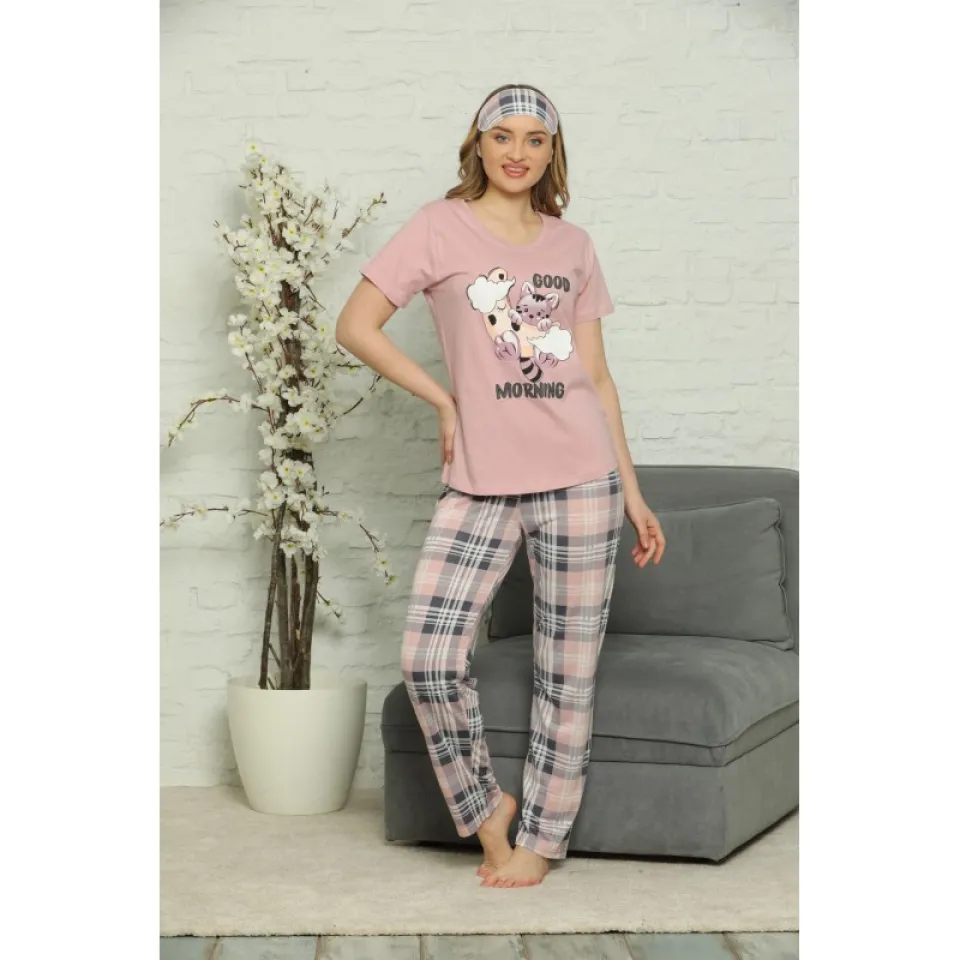 Pijama de Primăvară pentru Dama cu Masca de Dormit, maneca scurta, pantaloni lungi, Imprimeu Good Morning, roz