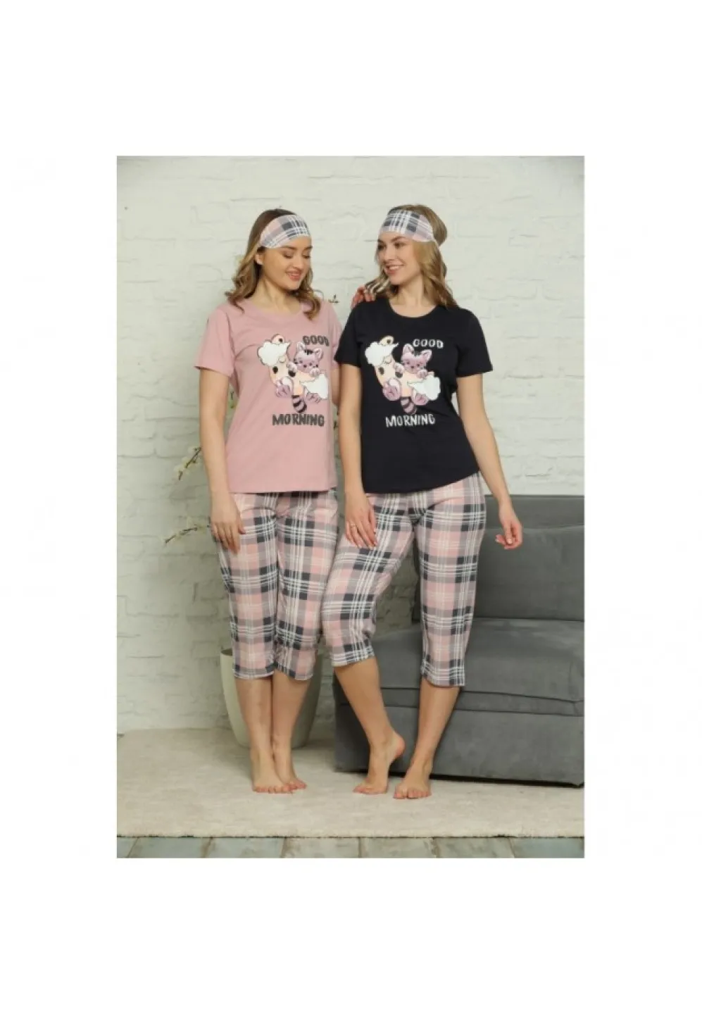 Pijama de Primăvară pentru Dama cu Masca de Dormit, maneca scurta si pantaloni 3/4, Imprimeu Good Morning, Bluemarin - 1