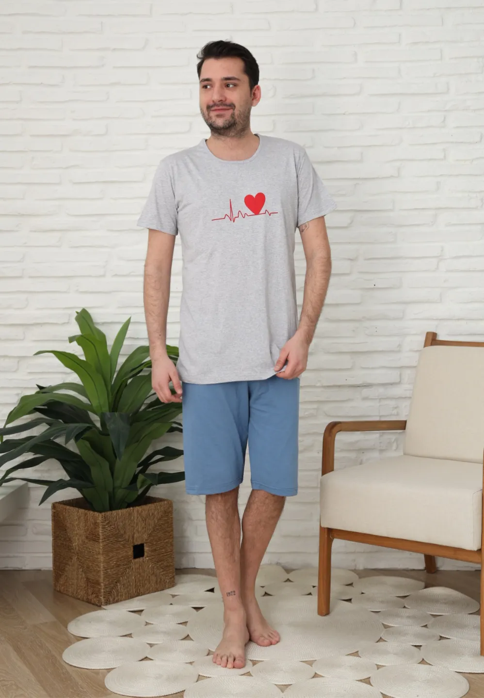 Pijama familie-bărbați, bumbac, mânecă scurtă și pantaloni 3/4 , culoare gri - 3