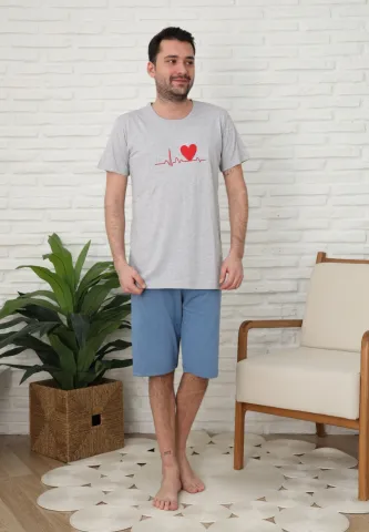 Pijama familie-bărbați, bumbac, mânecă scurtă și pantaloni 3/4 , culoare gri hover