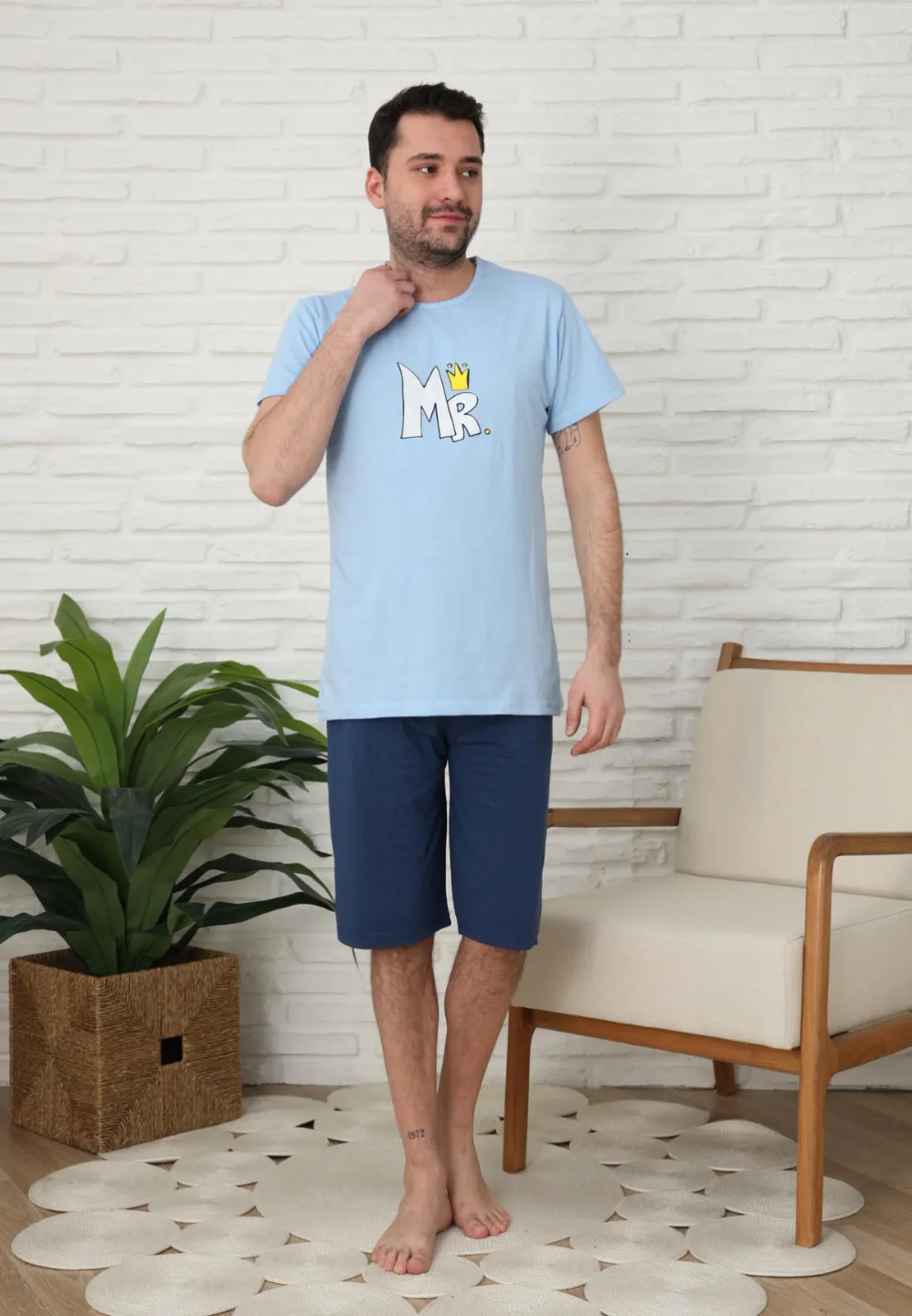 Pijama familie-bărbați, bumbac, mânecă scurtă și pantaloni 3/4 , culoare albastru - 2