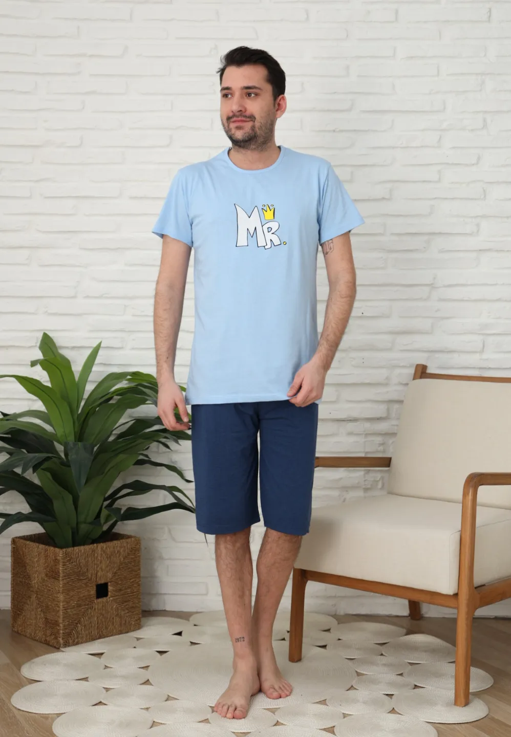 Pijama familie-bărbați, bumbac, mânecă scurtă și pantaloni 3/4 , culoare albastru - 3