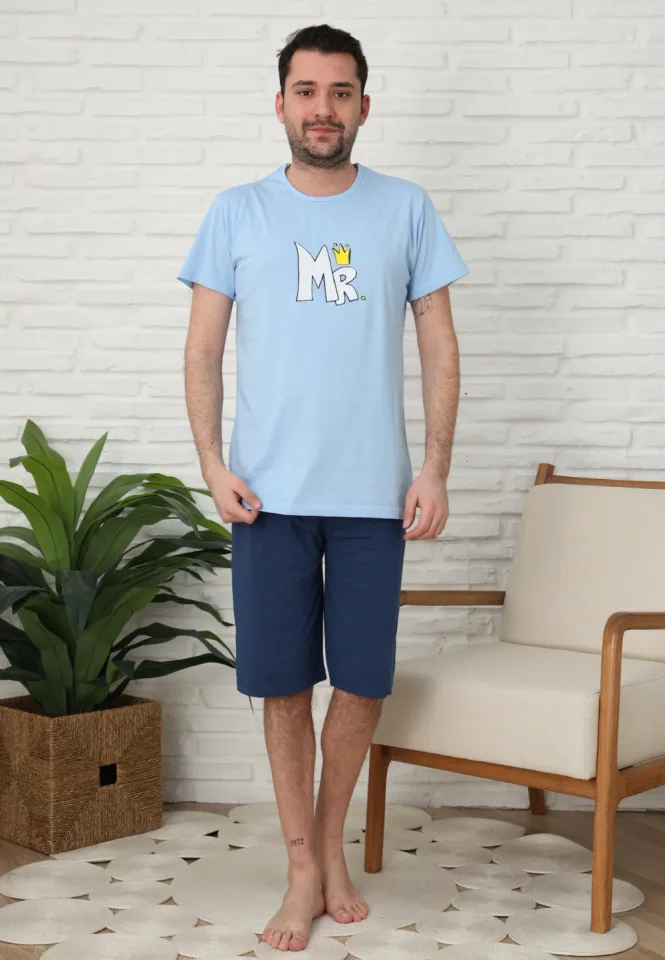 Pijama familie-bărbați, bumbac, mânecă scurtă și pantaloni 3/4 , culoare albastru