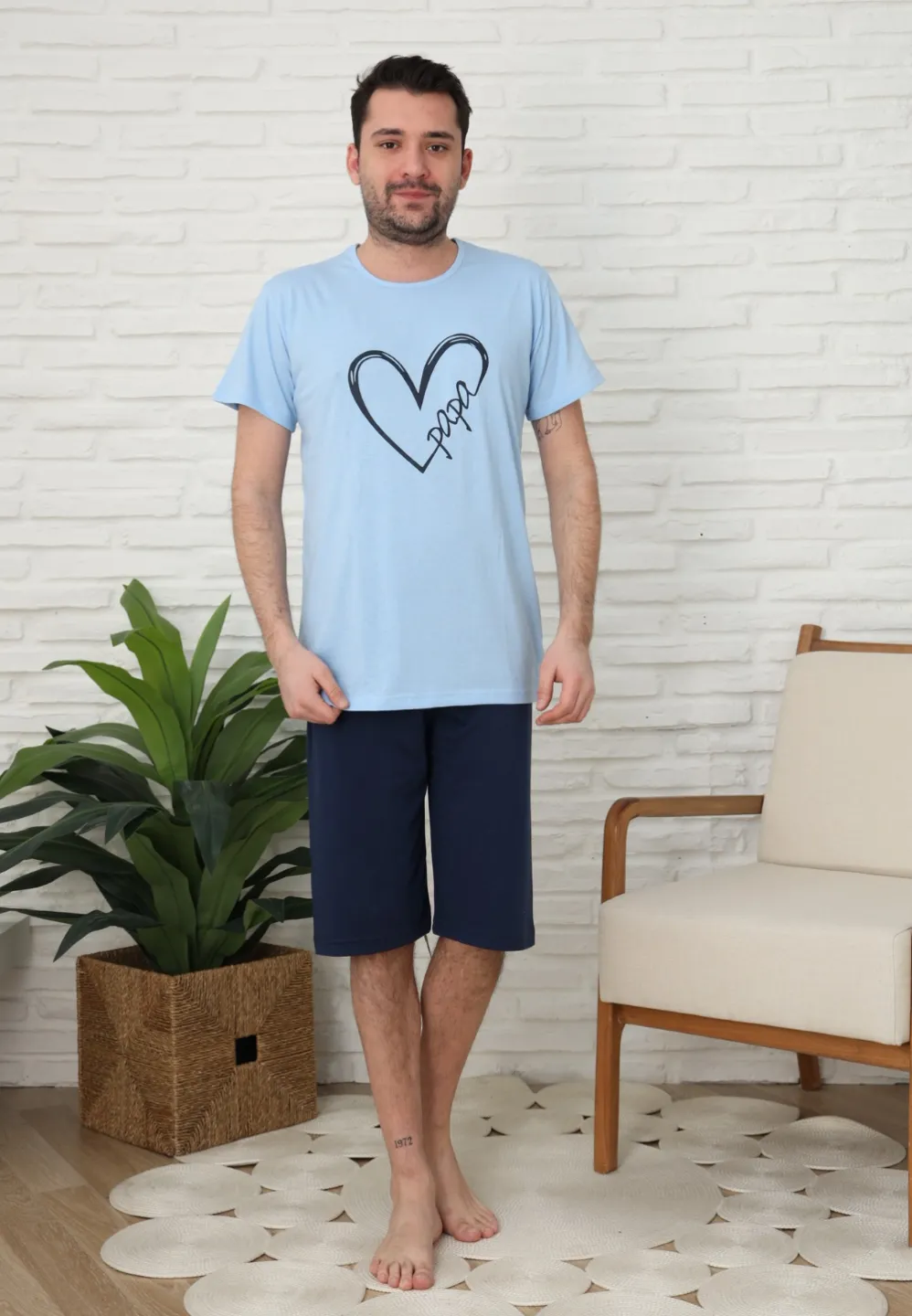 Pijama familie-bărbați, bumbac, mânecă scurtă și pantaloni 3/4 , culoare albastru - 2