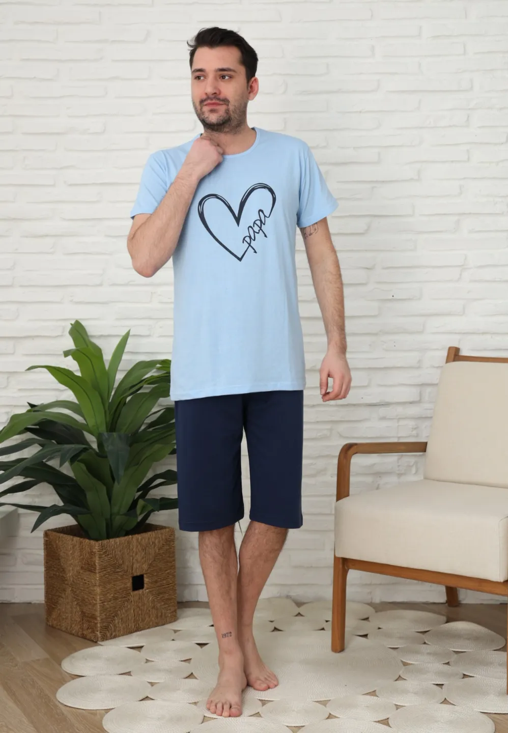 Pijama familie-bărbați, bumbac, mânecă scurtă și pantaloni 3/4 , culoare albastru - 3