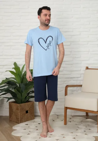 Pijama familie-bărbați, bumbac, mânecă scurtă și pantaloni 3/4 , culoare albastru