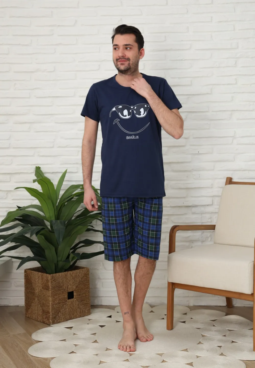 Pijama familie-bărbați, bumbac, mânecă scurtă și pantaloni 3/4 , culoare bleumarin - 3