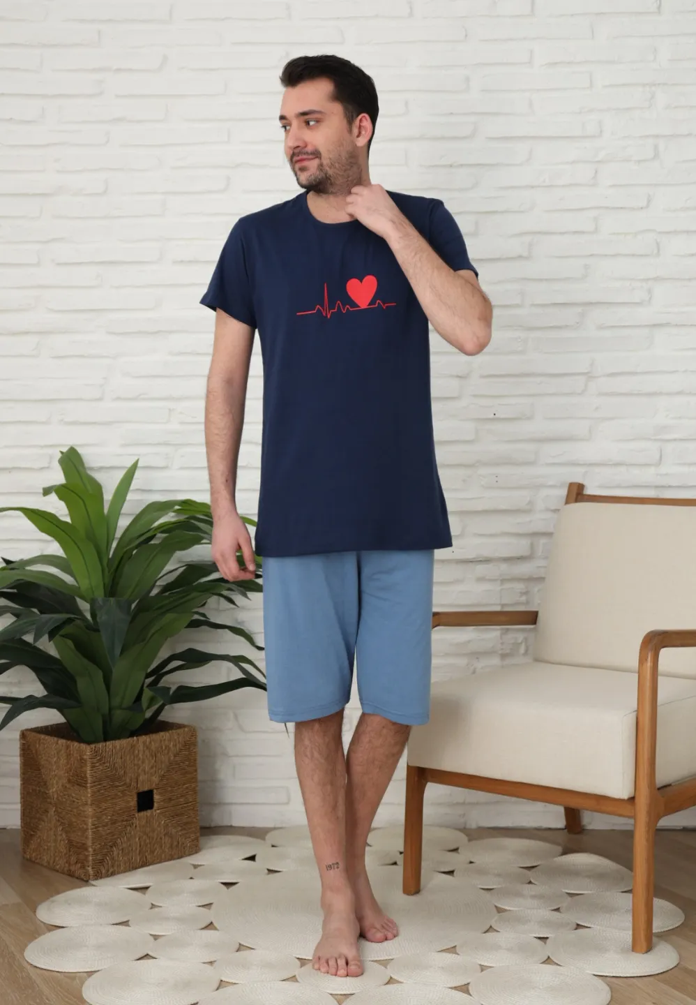 Pijama familie-bărbați, bumbac, mânecă scurtă și pantaloni 3/4 , culoare bleumarin, imprimeu puls - 3