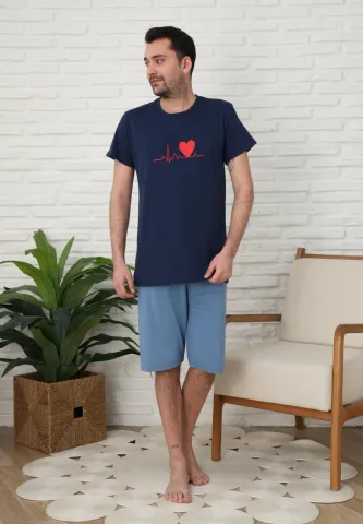 Pijama familie-bărbați, bumbac, mânecă scurtă și pantaloni 3/4 , culoare bleumarin, imprimeu puls hover