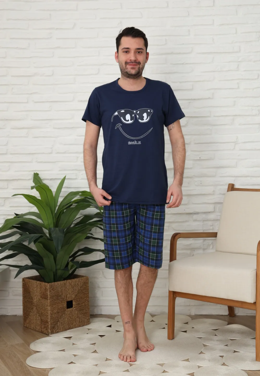 Pijama familie-bărbați, bumbac, mânecă scurtă și pantaloni 3/4 , culoare bleumarin - 2