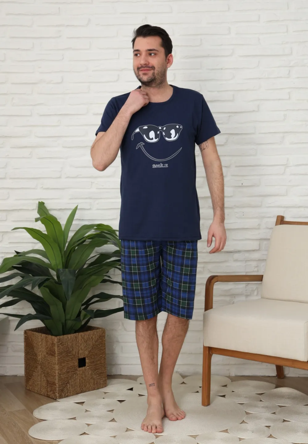 Pijama familie-bărbați, bumbac, mânecă scurtă și pantaloni 3/4 , culoare bleumarin - 1