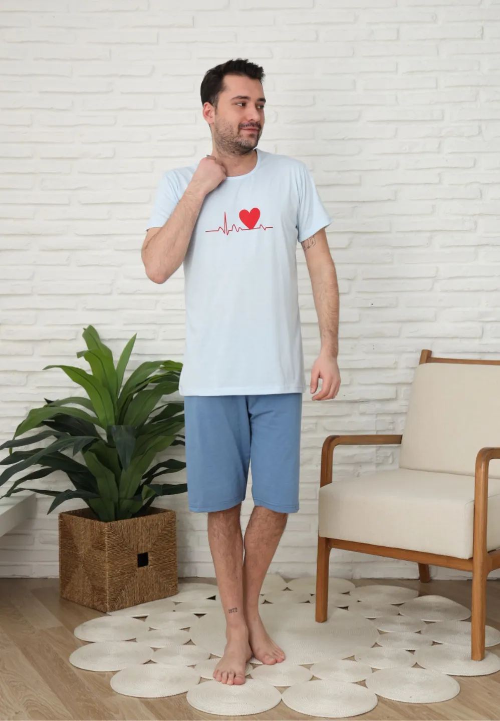 Pijama familie-bărbați, bumbac, mânecă scurtă și pantaloni 3/4 , culoare blue - 3