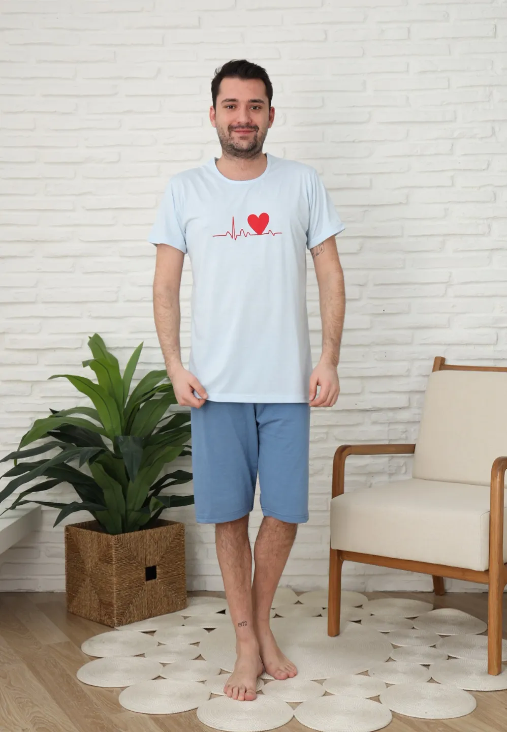 Pijama familie-bărbați, bumbac, mânecă scurtă și pantaloni 3/4 , culoare blue - 1