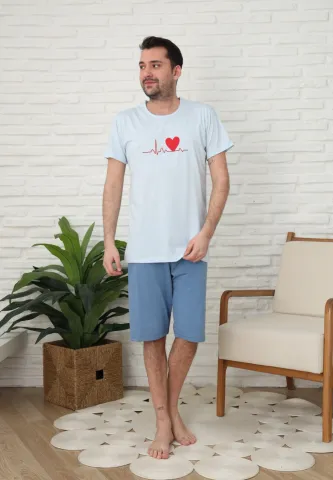 Pijama familie-bărbați, bumbac, mânecă scurtă și pantaloni 3/4 , culoare blue hover