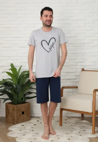 Pijama familie-bărbați, bumbac, mânecă scurtă și pantaloni 3/4 , culoare gri, imprimeu inima