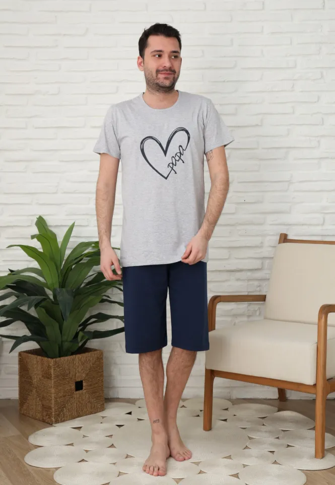 Pijama familie-bărbați, bumbac, mânecă scurtă și pantaloni 3/4 , culoare gri, imprimeu inima