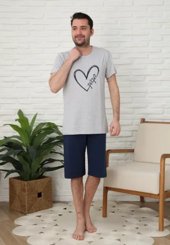 Pijama familie-bărbați, bumbac, mânecă scurtă și pantaloni 3/4 , culoare gri, imprimeu inima hover