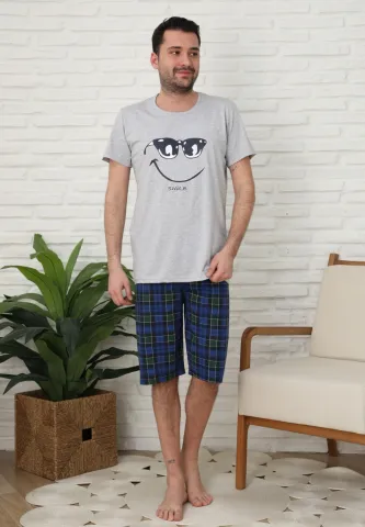 Pijama familie-bărbați, bumbac, mânecă scurtă și pantaloni 3/4 , culoare gri, imprimeu ,,Happy Face,, hover