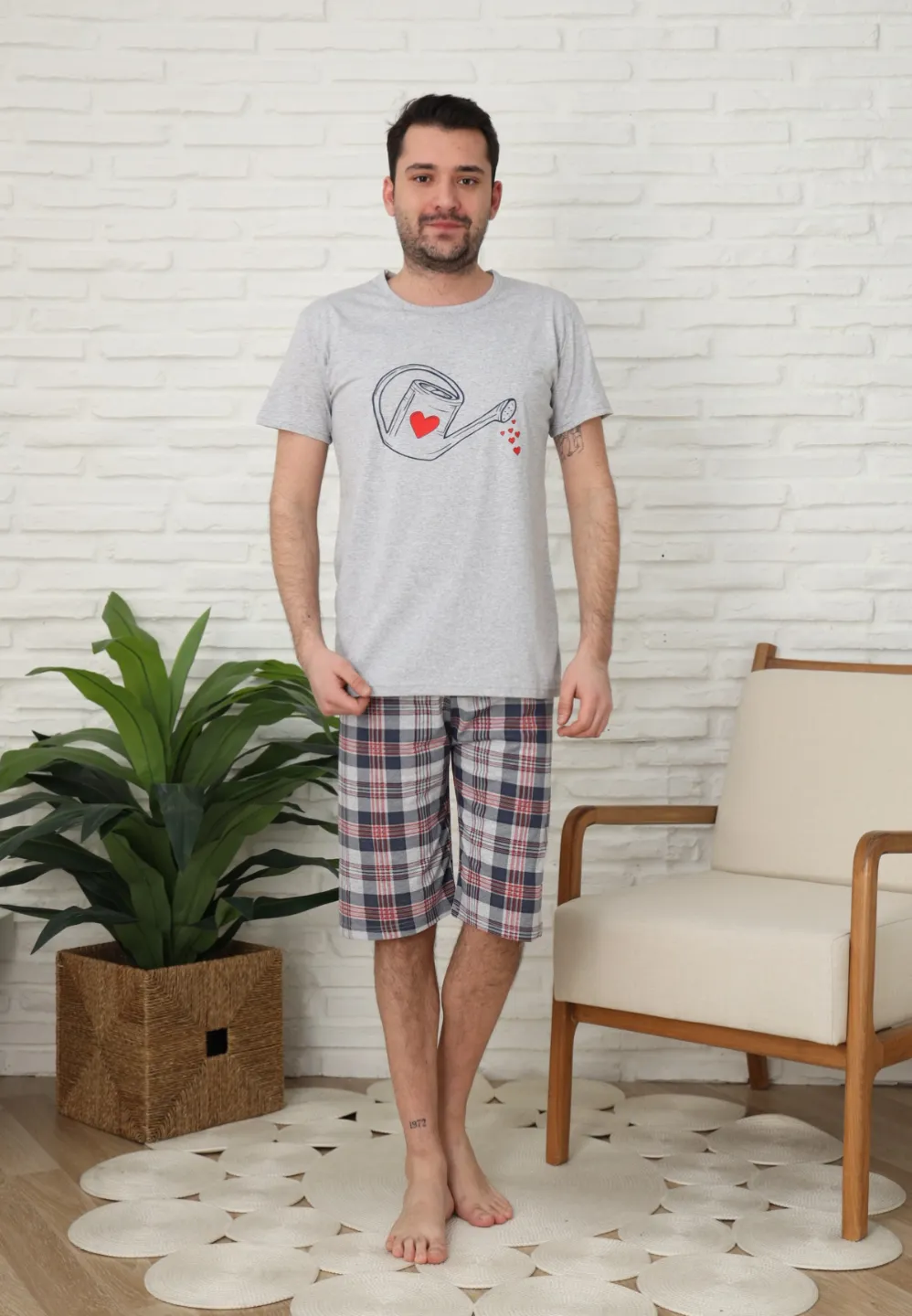 Pijama familie-bărbați, bumbac, mânecă scurtă și pantaloni 3/4 , culoare gri, imrpimeu stropitoare - 3