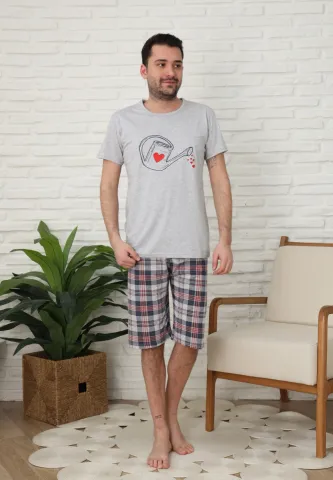 Pijama familie-bărbați, bumbac, mânecă scurtă și pantaloni 3/4 , culoare gri, imrpimeu stropitoare